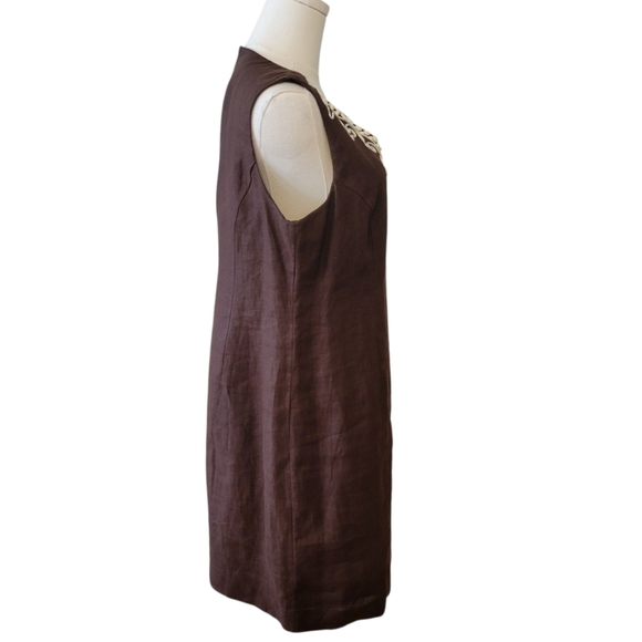 Talbots Chocolate Brown Sleeveless Embellished Linen Dress Size 10 Petite - Picture 4 of 6